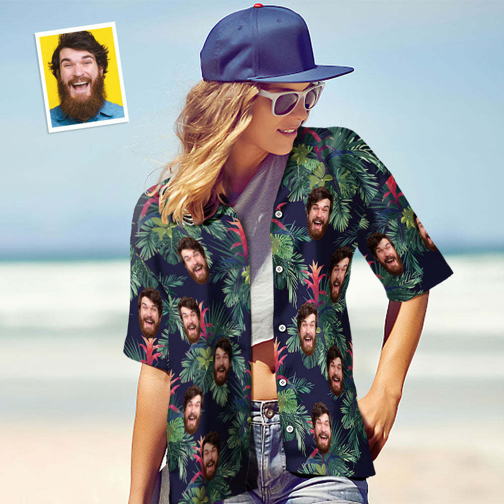 Custom Face Shirt Personalized Photo Women's Hawaiian Shirt Gift - Green Leaves - MyFaceSocksAu