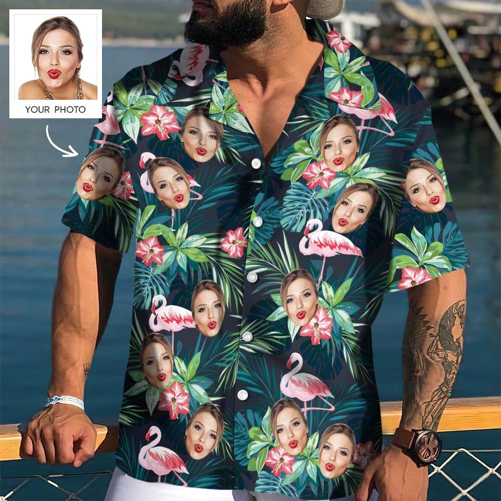 Face on Shirts Custom Hawaiian Shirt with Face Leaves & Flamingo Father's Day Shirt Gift for Dad