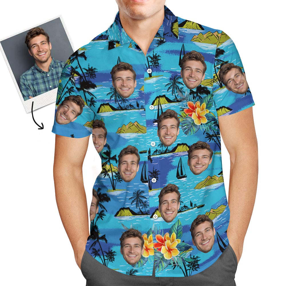 Christmas Gifts , Custom Face Hawaiian Shirt Men's All Over Print Large Leaves Short Sleeve Shirt