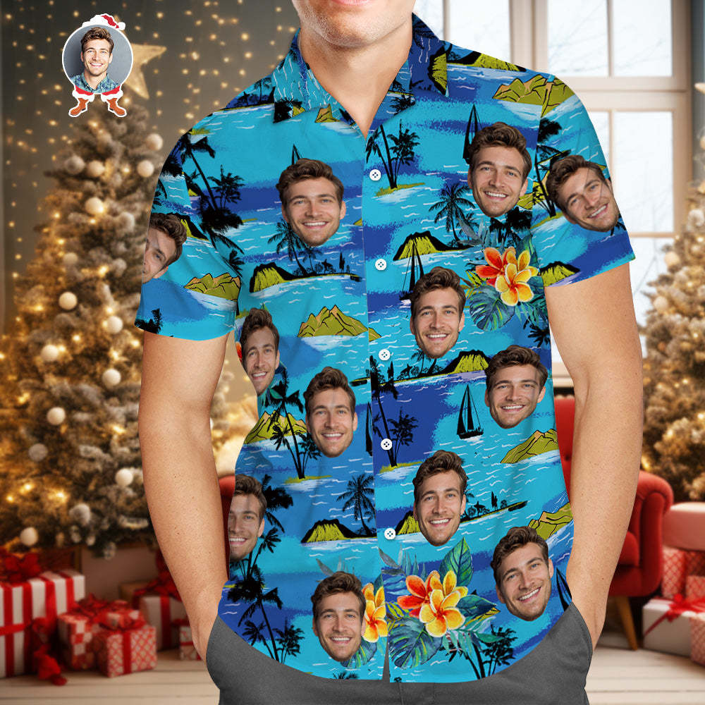 Christmas Gifts , Custom Face Hawaiian Shirt Men's All Over Print Large Leaves Short Sleeve Shirt