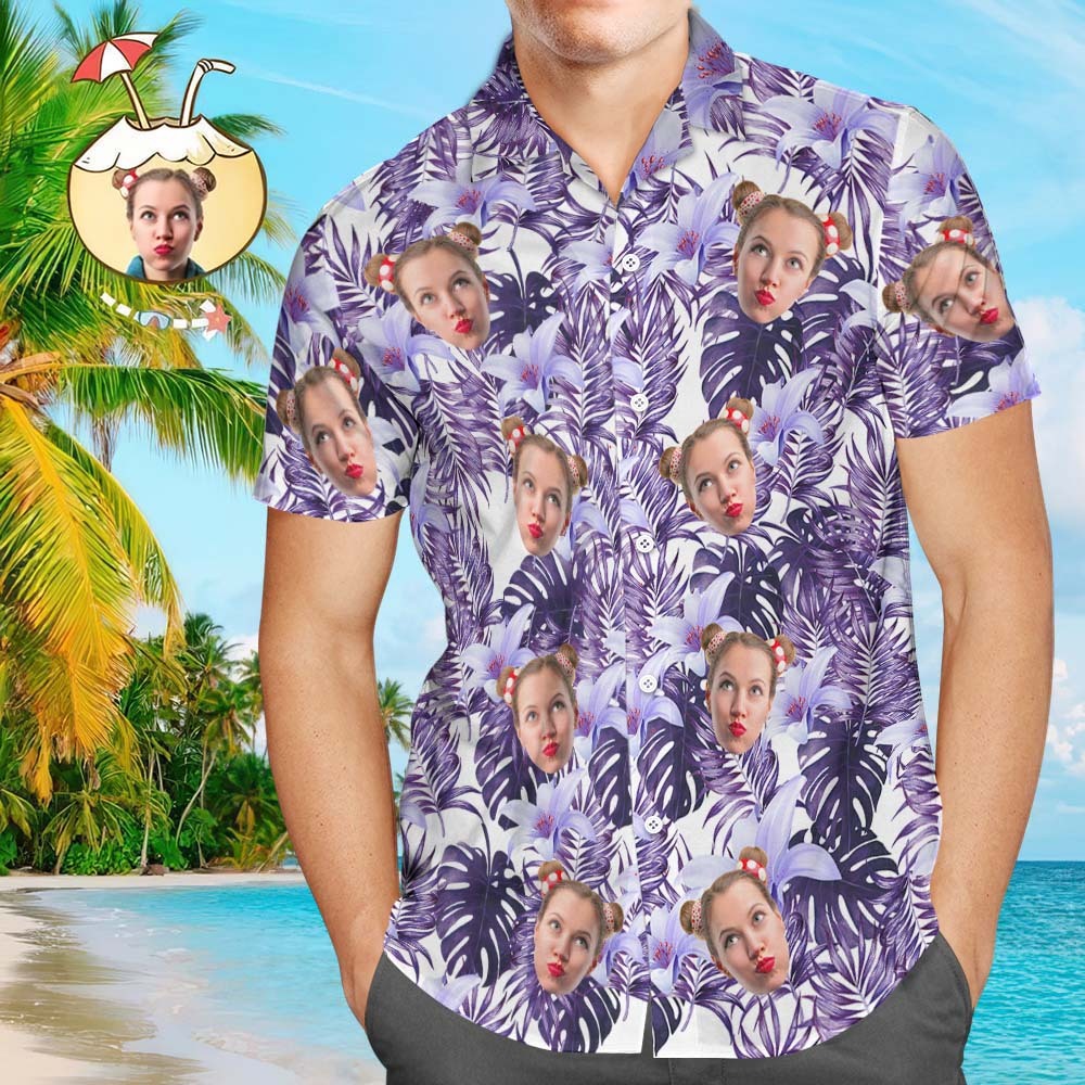 Custom Face Shirt Men's Hawaiian Shirt Purple Flowers - White - MyFaceSocksAu