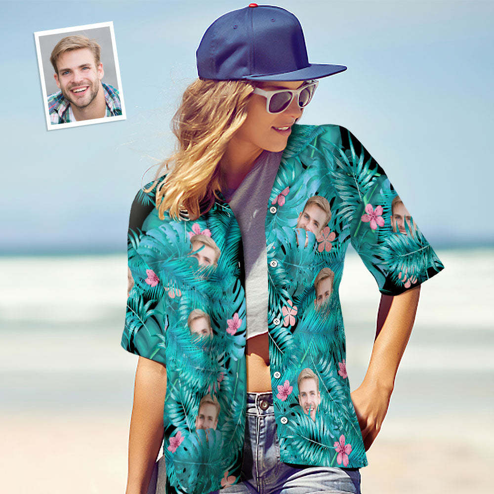 Custom Face Shirt Personalized Photo Women's Hawaiian Shirt Gift - Leaves and Pink Flowers - MyFaceSocksAu