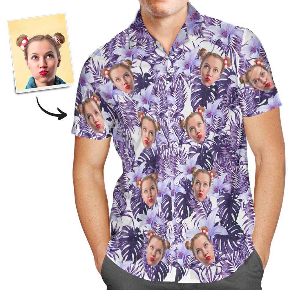 Custom Face Shirt Men's Hawaiian Shirt Purple Flowers - White - MyFaceSocksAu