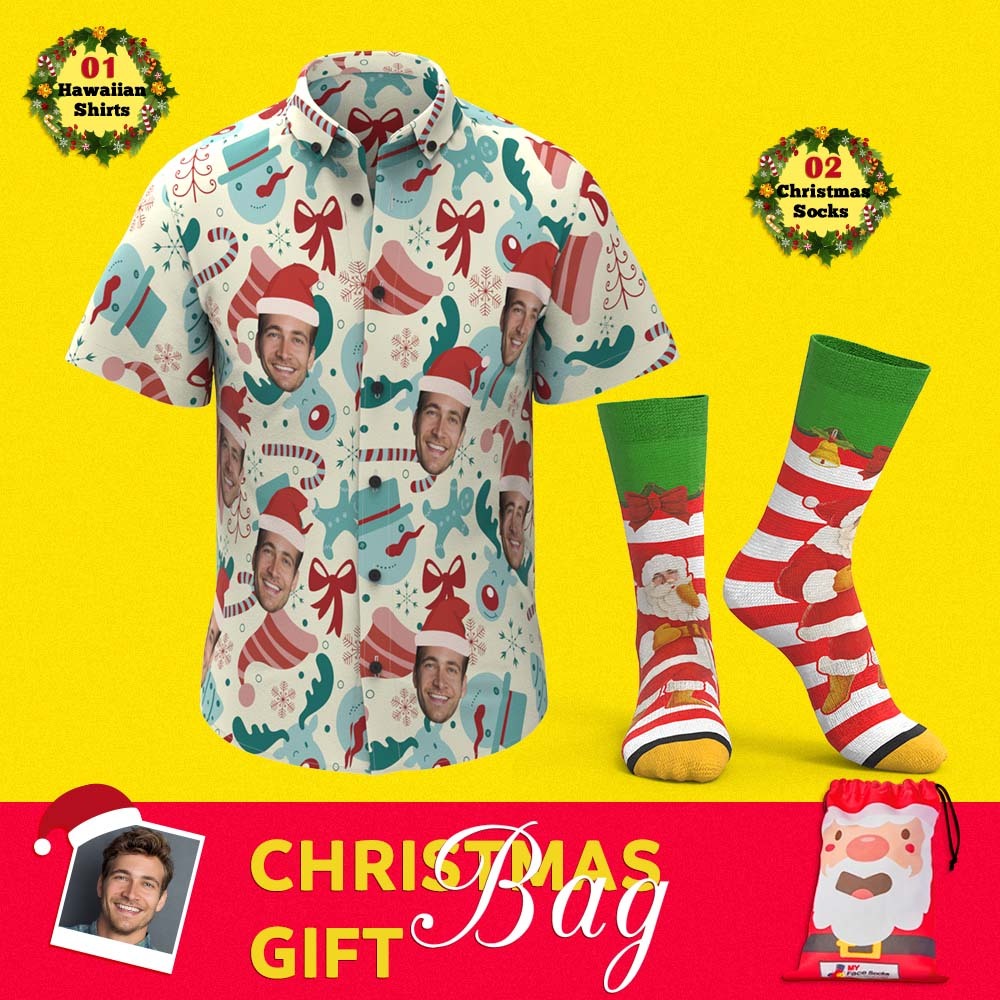 Christmas Gift Bags Custom Face Hawaiian Shirts And Socks Set For Him