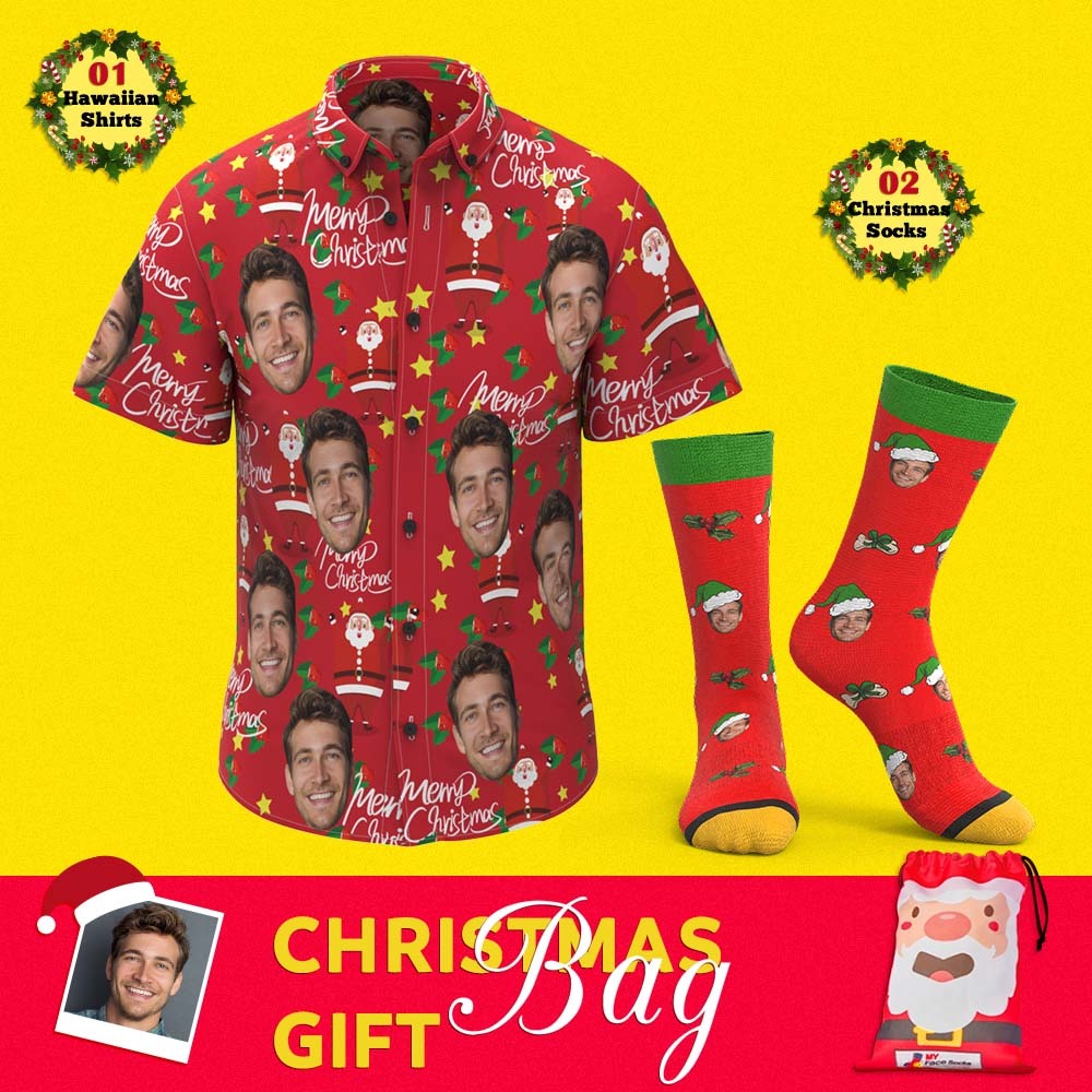 Christmas Gift Bags Custom Face Hawaiian Shirts And Socks Set For Him