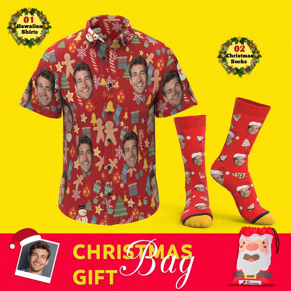 Christmas Gift Bags Custom Face Hawaiian Shirts And Socks Set For Him