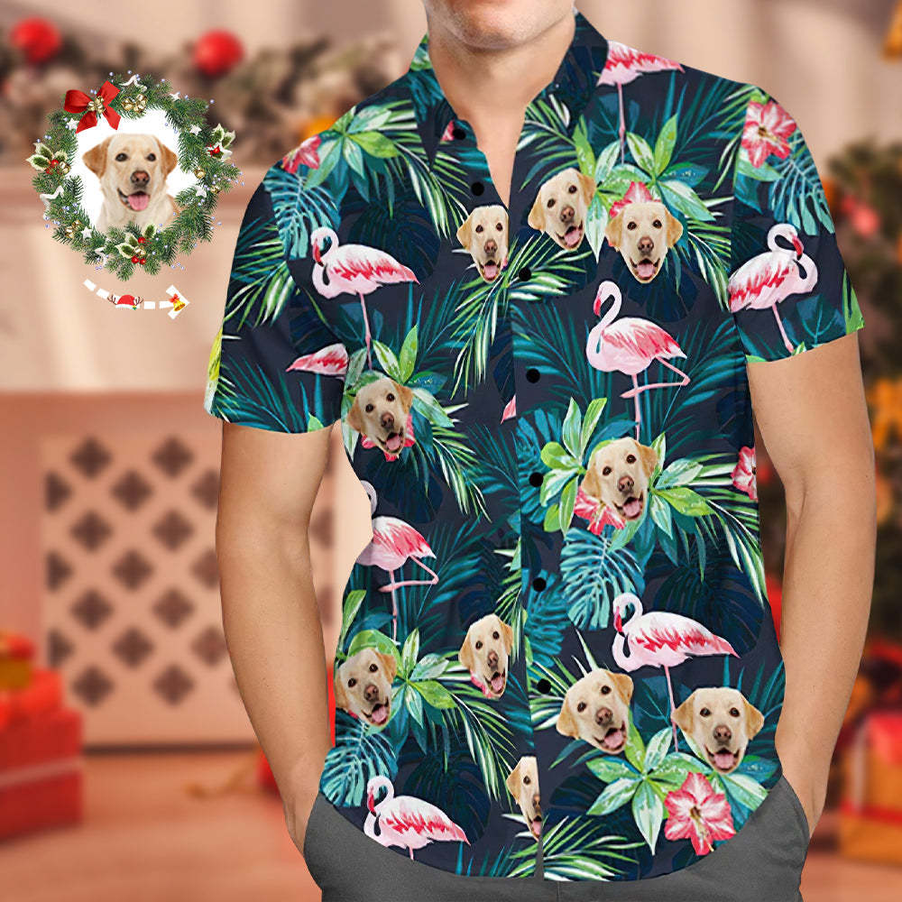 Christmas Gifts Custom Hawaiian Shirt with Face Custom Dog Face Shirt Leaves & Flamingo Button Down Shirts - MyFaceSocksAu