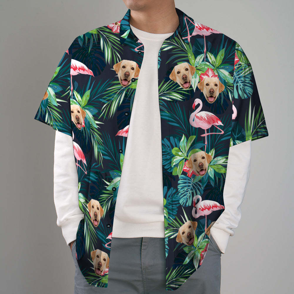 Christmas Gifts Custom Hawaiian Shirt with Face Custom Dog Face Shirt Leaves & Flamingo Button Down Shirts - MyFaceSocksAu