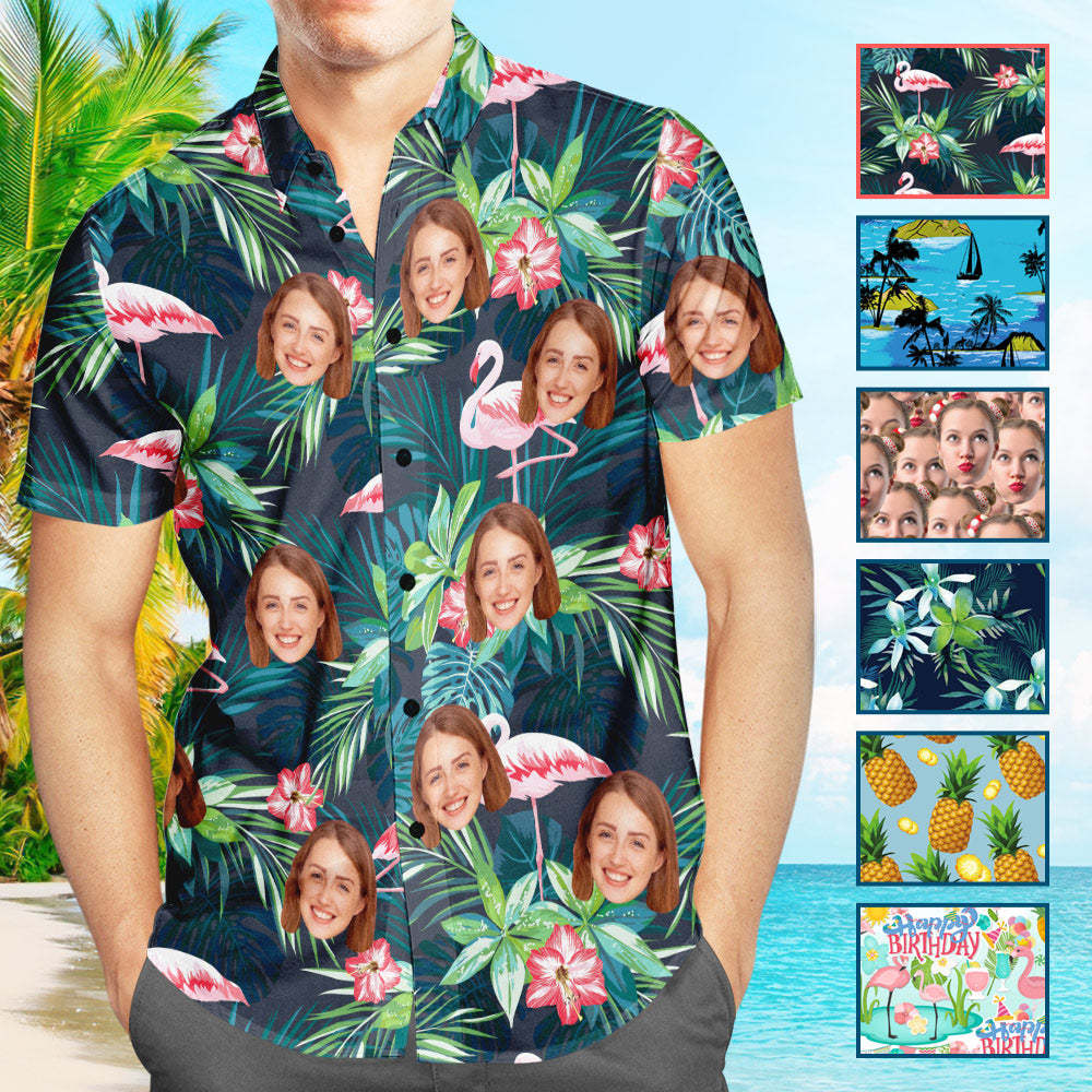Christmas Gifts , Custom Face Hawaiian Shirt Men's All Over Print Large Leaves Short Sleeve Shirt