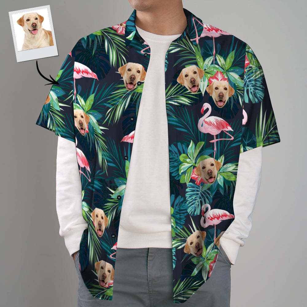 Christmas Gifts Custom Hawaiian Shirt with Face Custom Dog Face Shirt Leaves & Flamingo Button Down Shirts - MyFaceSocksAu