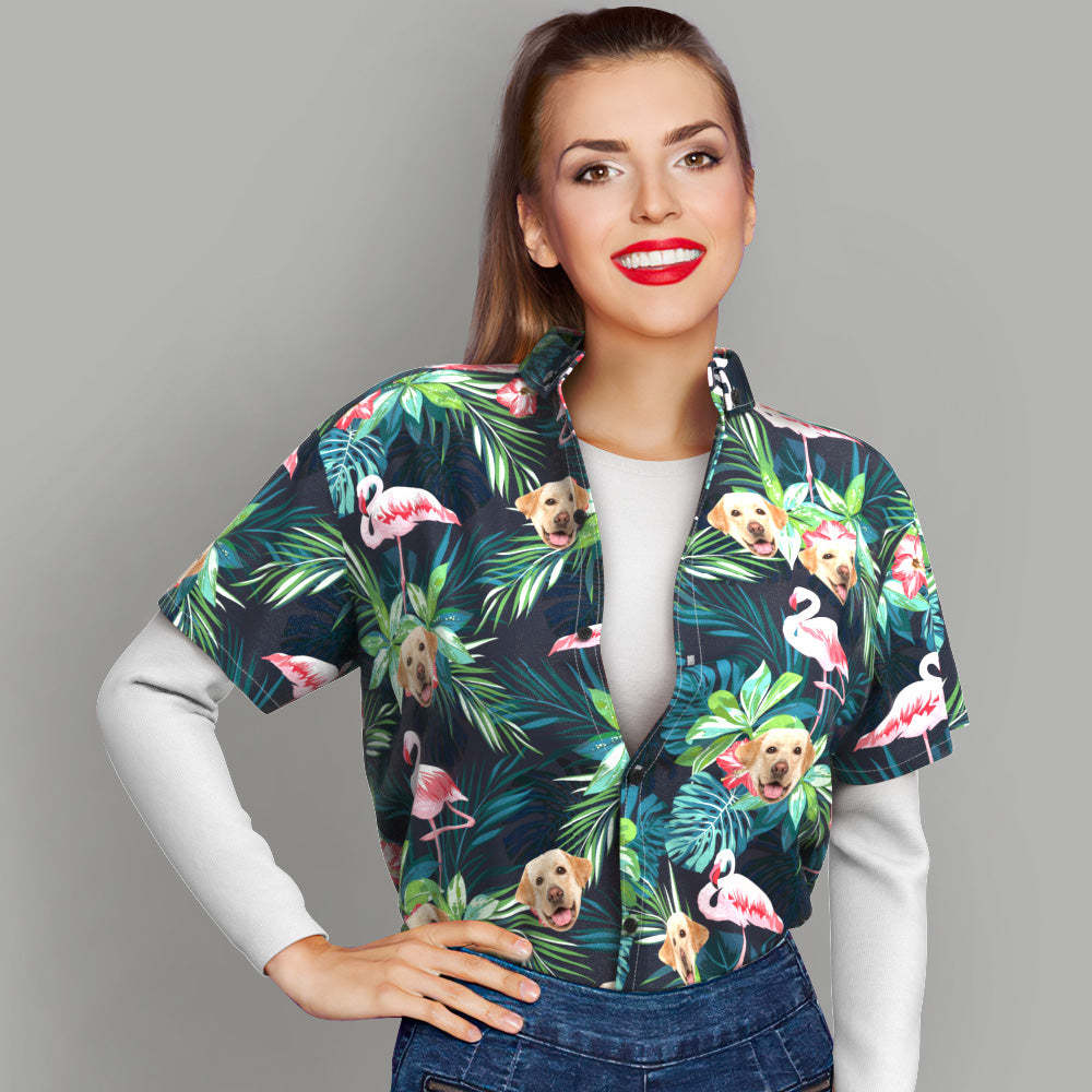 Custom Hawaiian Shirt with Face Custom Dog Face Shirt Leaves & Flamingo Hawaiian Shirts - MyFaceSocksAu