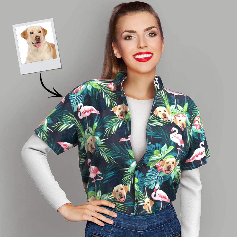 Custom Hawaiian Shirt with Face Custom Dog Face Shirt Leaves & Flamingo Button Down Shirts Gifts for Pet Lover - MyFaceSocksAu