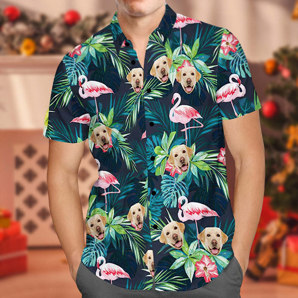 Christmas Gifts Custom Hawaiian Shirt with Face Custom Dog Face Shirt Leaves & Flamingo Button Down Shirts - MyFaceSocksAu