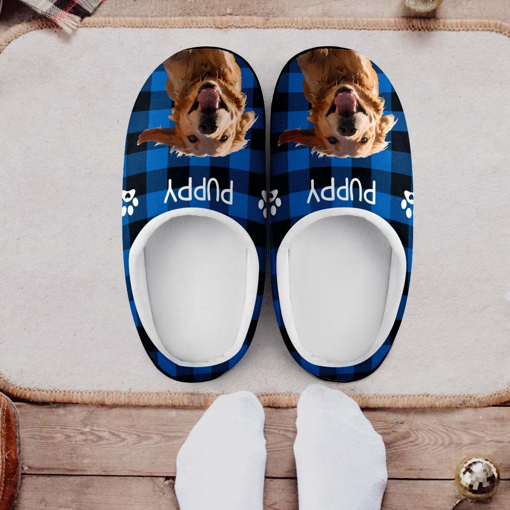 Custom Photo and Name Women Men Slippers With Footprint Personalized Pink Casual House Cotton Slippers Christmas Gift For Pet Lover - MyFaceSocksAu