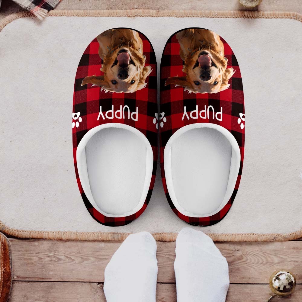 Custom Photo and Name Women Men Slippers With Footprint Personalized Pink Casual House Cotton Slippers Christmas Gift For Pet Lover - MyFaceSocksAu
