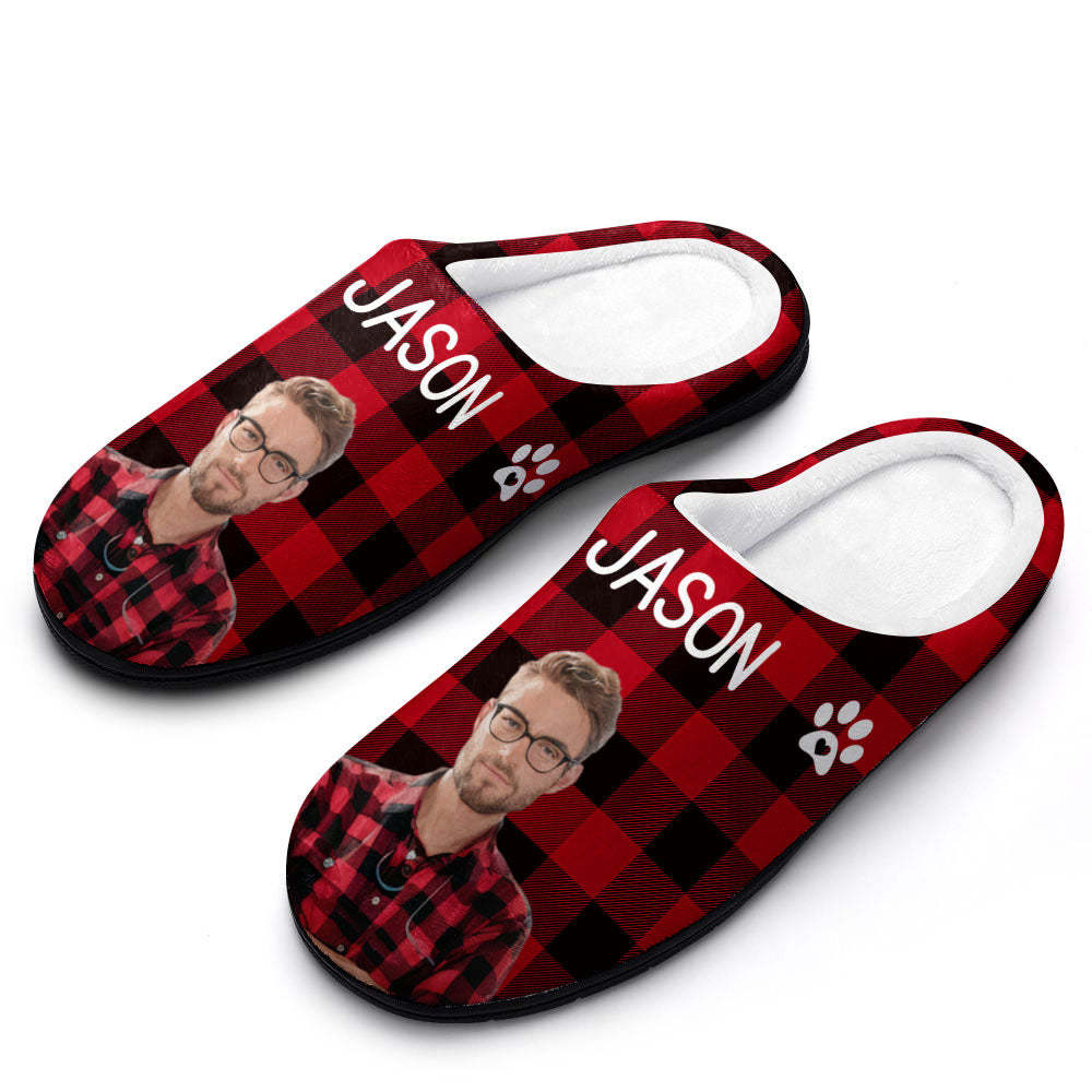 Custom Photo and Name Women Men Slippers With Footprint Personalized Pink Casual House Cotton Slippers Christmas Gift For Pet Lover - MyFaceSocksAu
