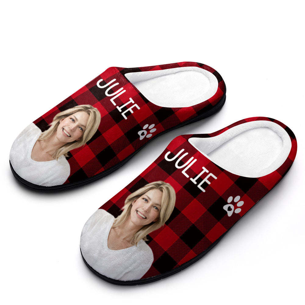 Custom Photo and Name Women Men Slippers With Footprint Personalized Red Casual House Cotton Slippers Christmas Gift For Pet Lover - MyFaceSocksAu