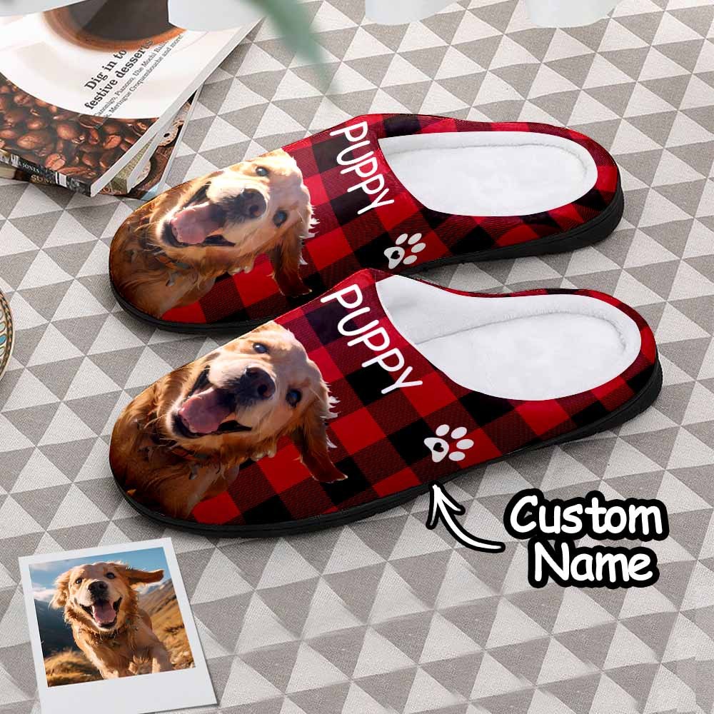 Custom Photo and Name Women Men Slippers With Footprint Personalized Pink Casual House Cotton Slippers Christmas Gift For Pet Lover - MyFaceSocksAu