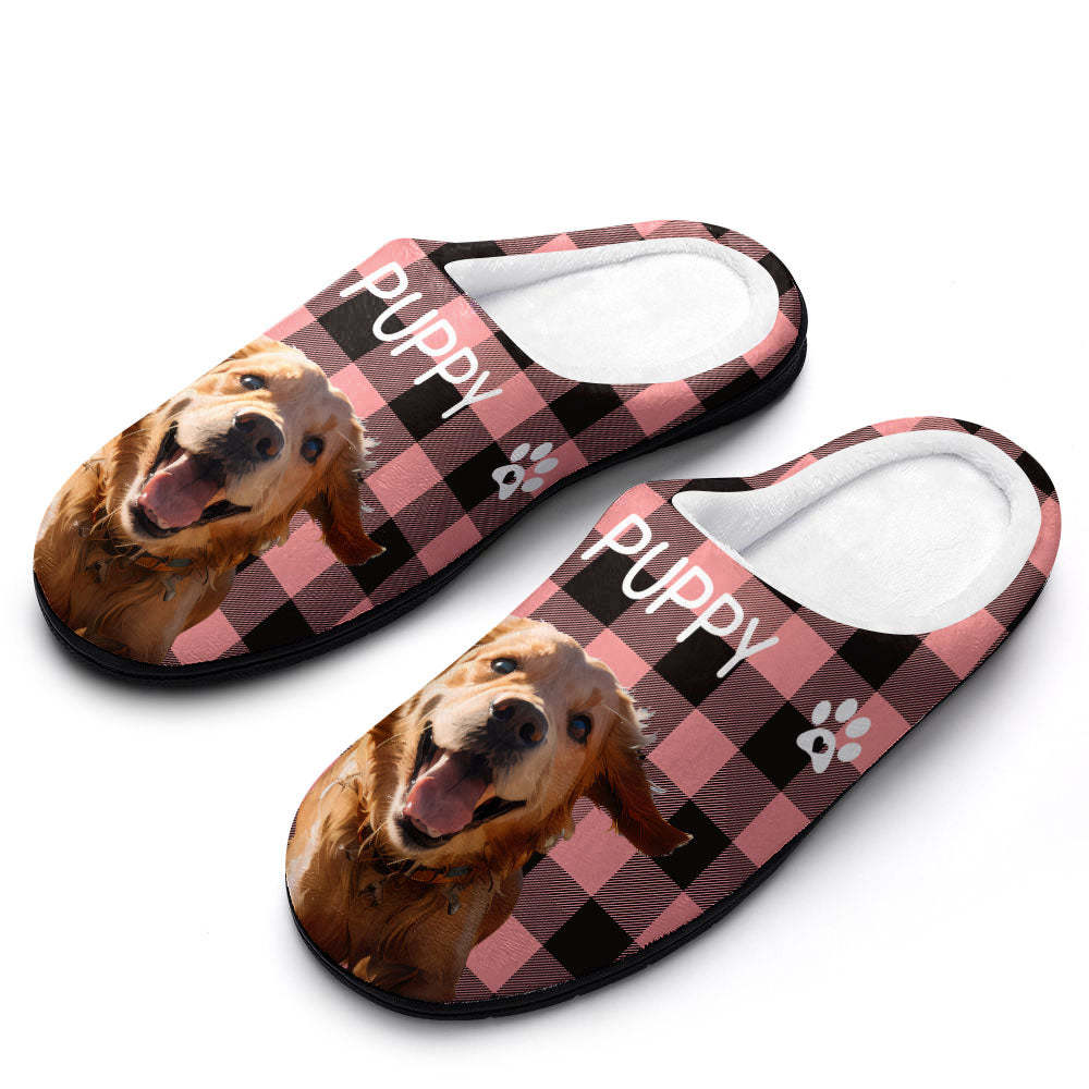 Custom Photo and Name Women Men Slippers With Footprint Personalized Pink Casual House Cotton Slippers Christmas Gift For Pet Lover - MyFaceSocksAu