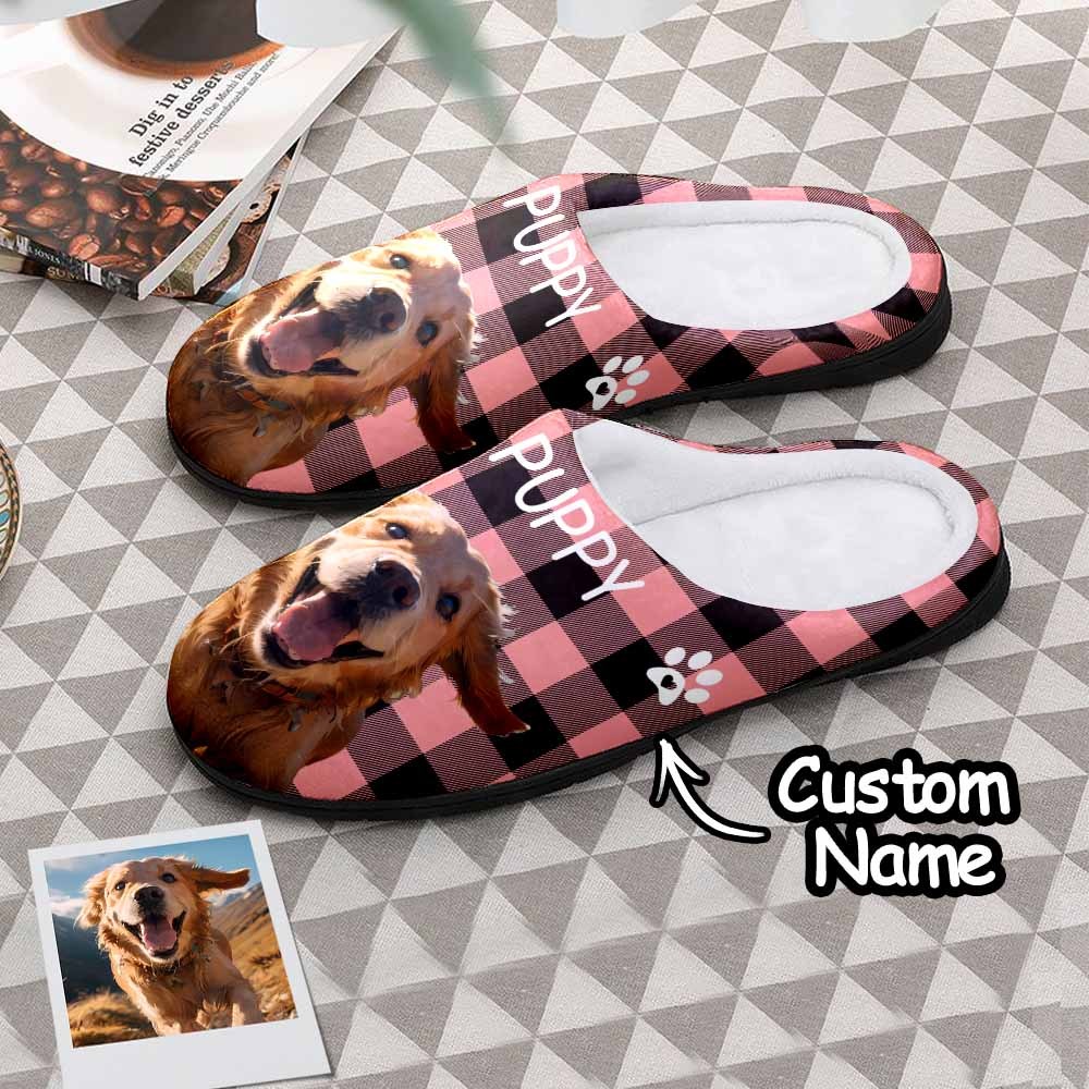 Custom Photo and Name Women Men Slippers With Footprint Personalized Pink Casual House Cotton Slippers Christmas Gift For Pet Lover - MyFaceSocksAu