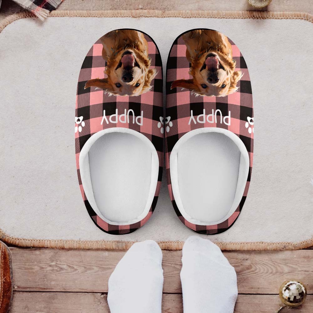 Custom Photo and Name Women Men Slippers With Footprint Personalized Pink Casual House Cotton Slippers Christmas Gift For Pet Lover - MyFaceSocksAu