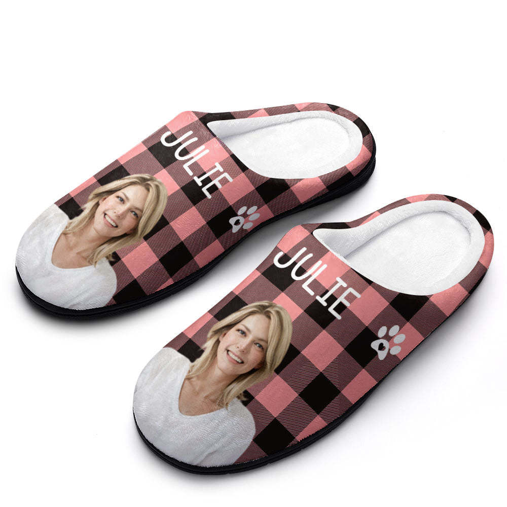 Custom Photo and Name Women Men Slippers With Footprint Personalized Pink Casual House Cotton Slippers Christmas Gift For Pet Lover - MyFaceSocksAu