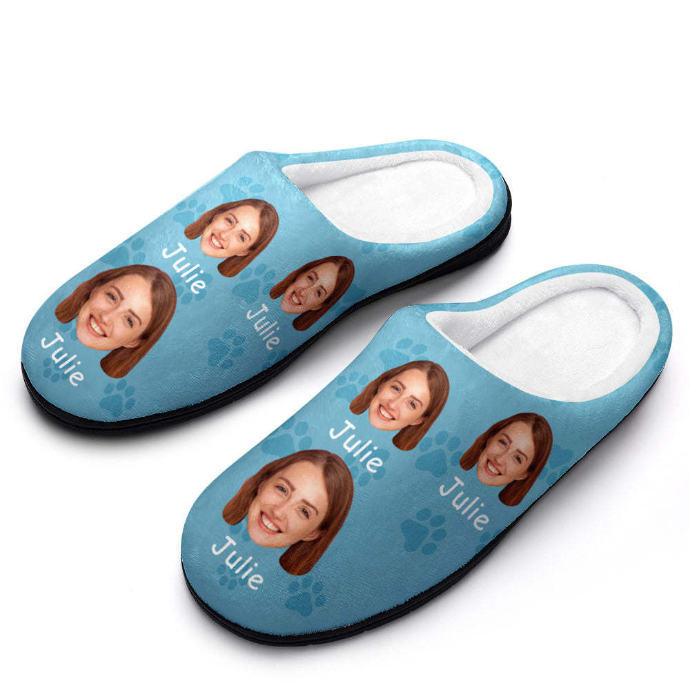 Custom Photo and Name Women Men Slippers With Footprint Personalized Casual House Cotton Slippers Christmas Gift - MyFaceSocksAu