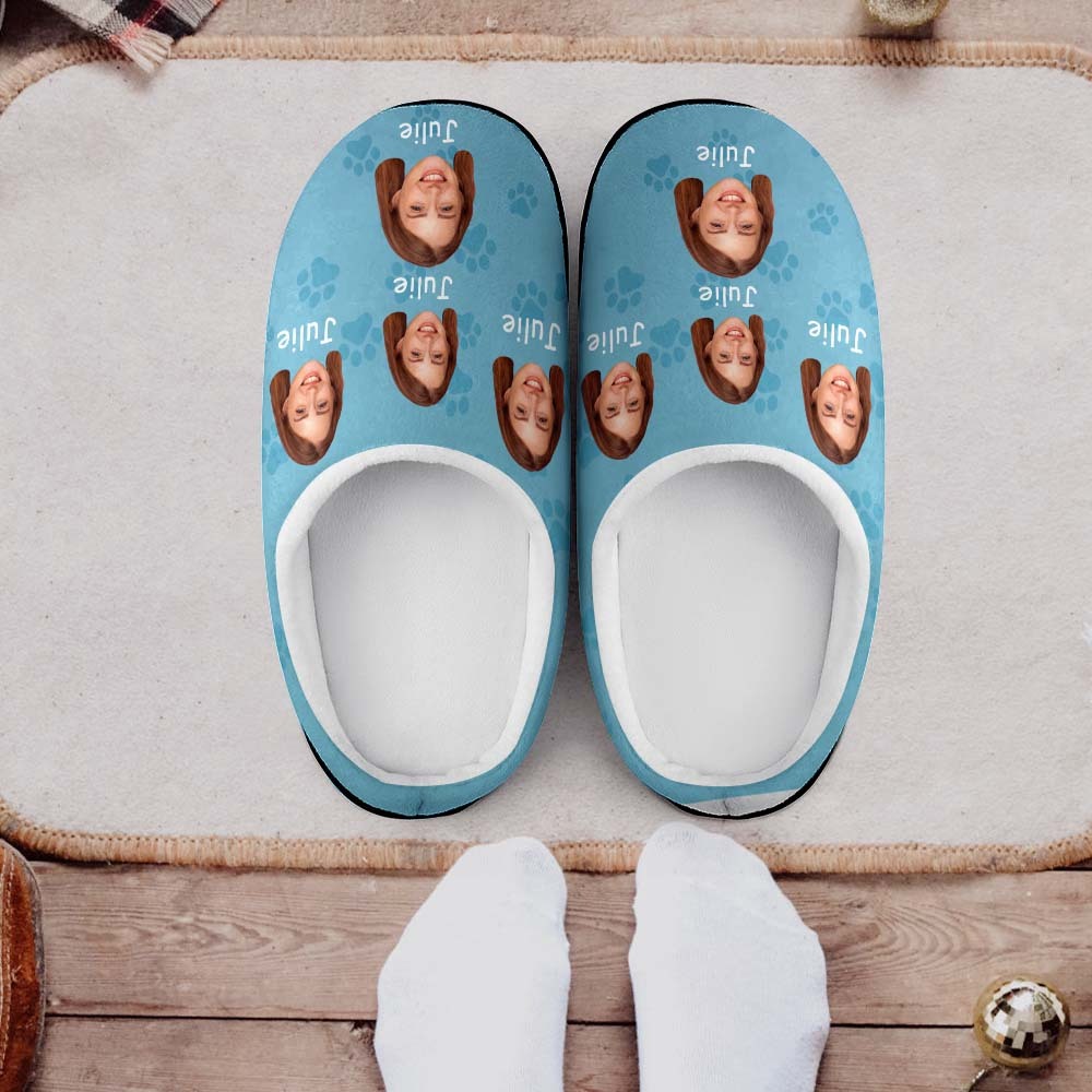Custom Photo and Name Women Men Slippers With Footprint Personalized Casual House Cotton Slippers Christmas Gift - MyFaceSocksAu