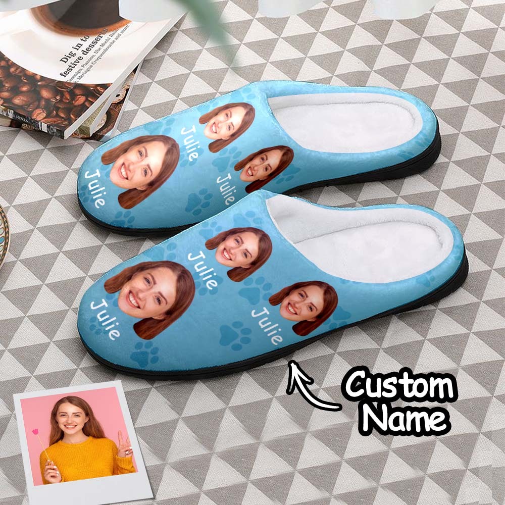 Custom Photo and Name Women Men Slippers With Footprint Personalized Casual House Cotton Slippers Christmas Gift - MyFaceSocksAu