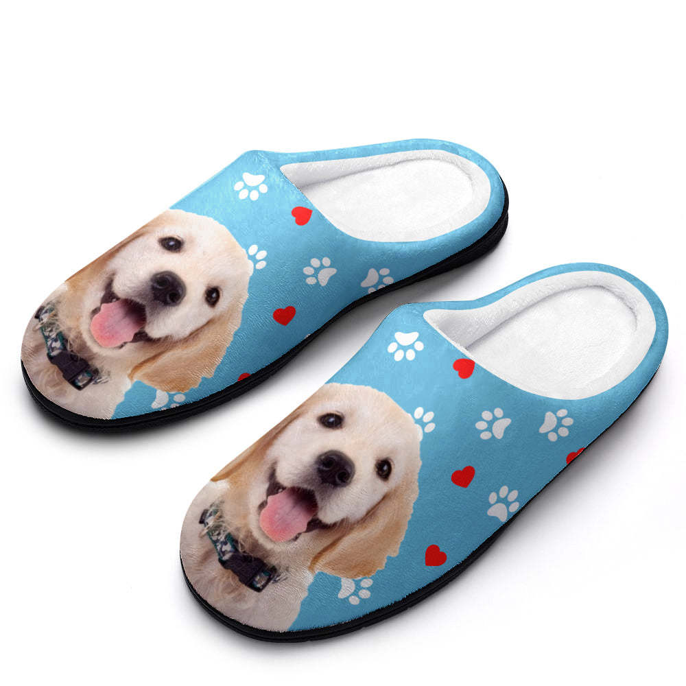 Custom Photo Women Men Slippers With Footprint and Heart Personalized Casual House Cotton Slippers Christmas Gift For Pet Lover - MyFaceSocksAu