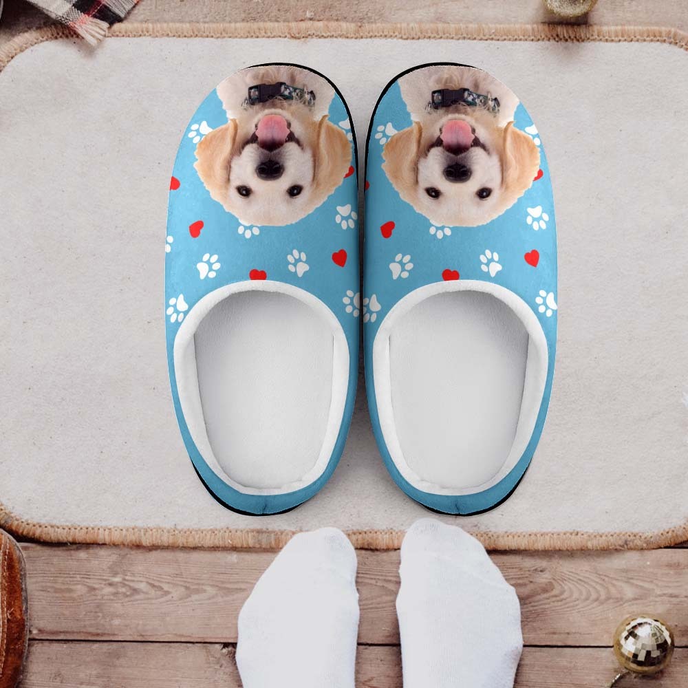 Custom Photo Women Men Slippers With Footprint and Heart Personalized Casual House Cotton Slippers Christmas Gift For Pet Lover - MyFaceSocksAu