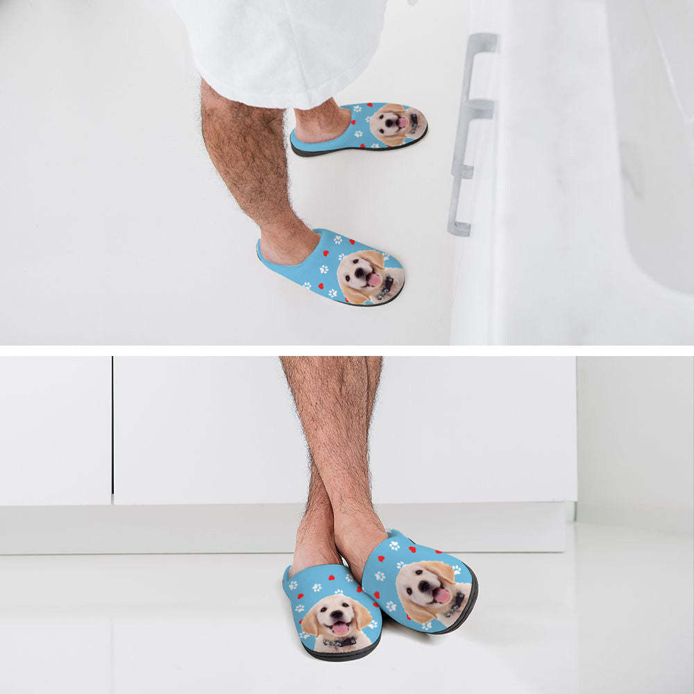 Custom Photo Women Men Slippers With Footprint and Heart Personalized Casual House Cotton Slippers Christmas Gift For Pet Lover - MyFaceSocksAu