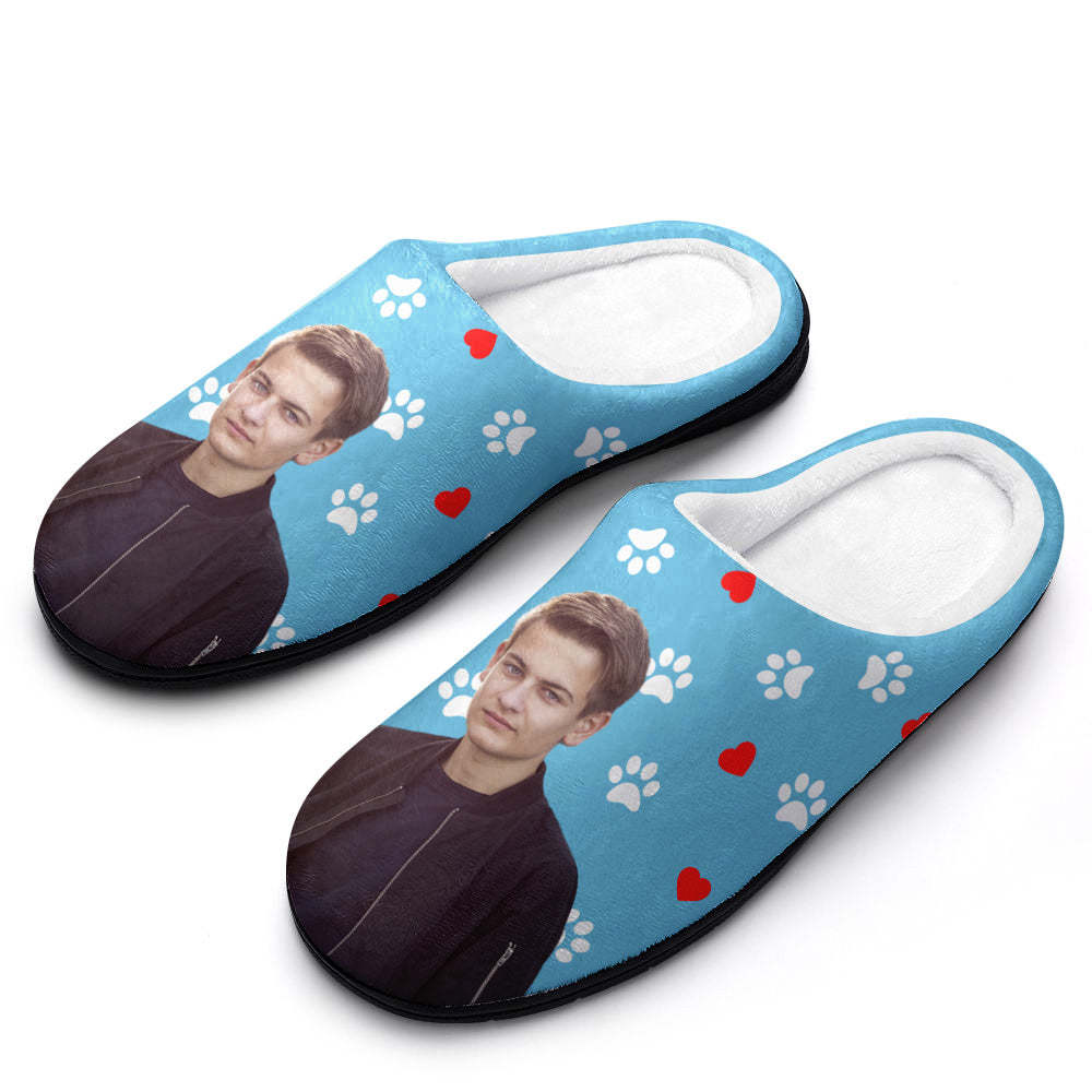 Custom Photo Women Men Slippers With Footprint and Heart Personalized Casual House Cotton Slippers Christmas Gift For Pet Lover - MyFaceSocksAu