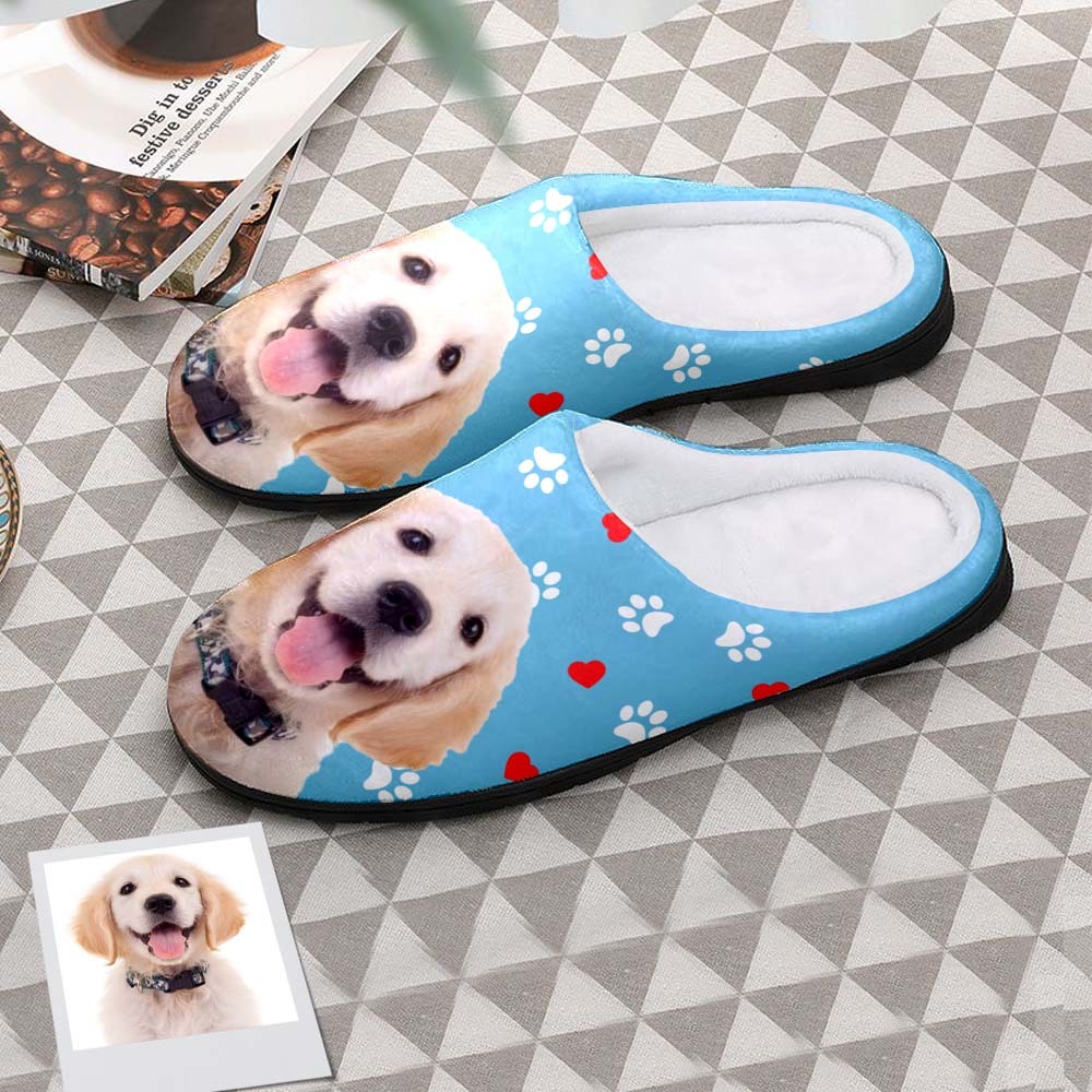 Custom Photo Women Men Slippers With Footprint and Heart Personalized Casual House Cotton Slippers Christmas Gift For Pet Lover - MyFaceSocksAu