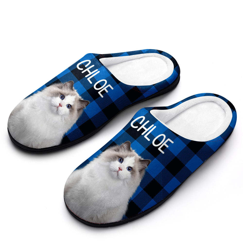 Custom Photo Women's and Men's Slippers Personalized Casual House Cotton Slippers Christmas Gift Pet Cat Blue - MyFaceSocksAu