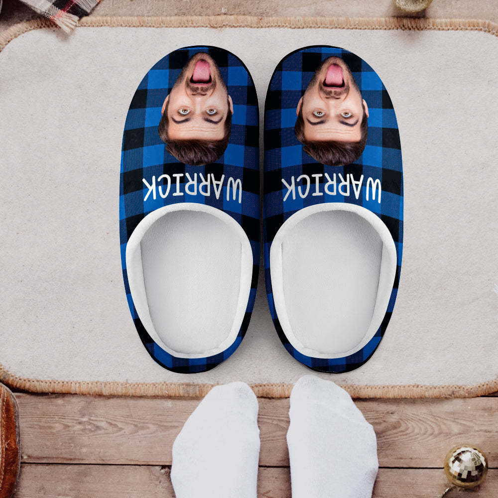 Custom Photo Women's and Men's Slippers Personalized Casual House Cotton Slippers Christmas Gift Pet Cat Blue - MyFaceSocksAu