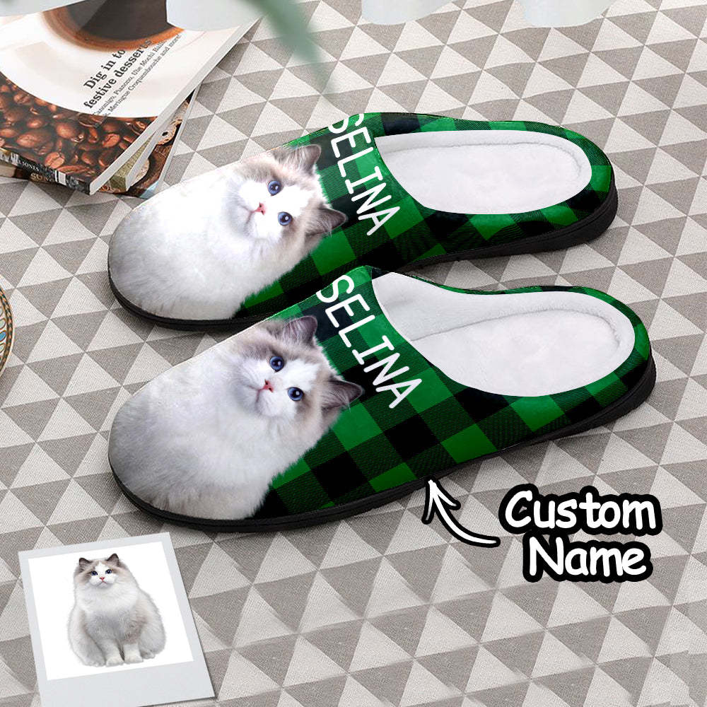 Custom Photo Women's and Men's Slippers Personalized Casual House Cotton Slippers Christmas Gift Pet Cat Blue - MyFaceSocksAu
