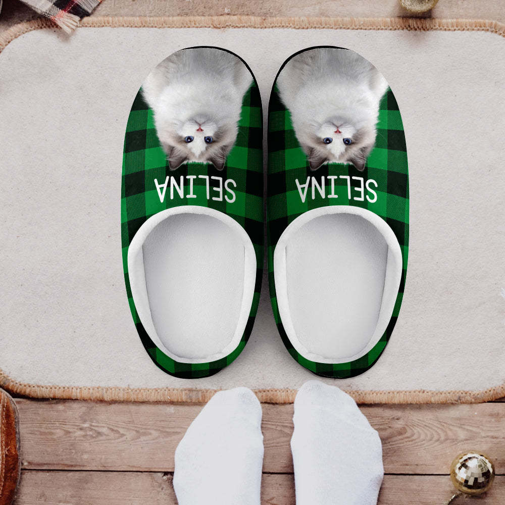 Custom Photo Women's and Men's Slippers Personalized Casual House Cotton Slippers Christmas Gift Pet Cat Blue - MyFaceSocksAu