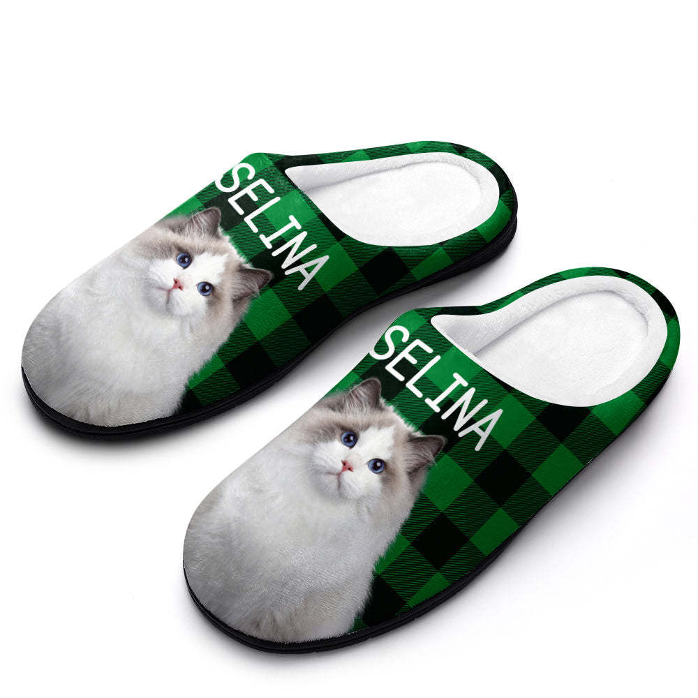 Custom Photo Women's and Men's Slippers Personalized Casual House Cotton Slippers Christmas Gift Pet Cat Blue - MyFaceSocksAu