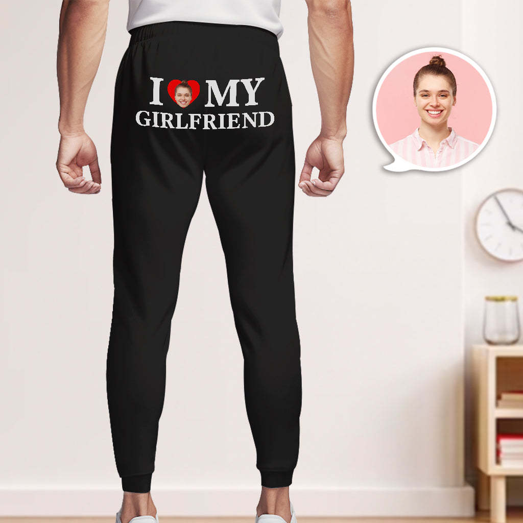Custom Face Sweatpants Personalized I Love My Boyfriend/Girlfriend Printed Fleece Sweatpants Valentine's Day Gift for Couple - MyFaceSocksAu