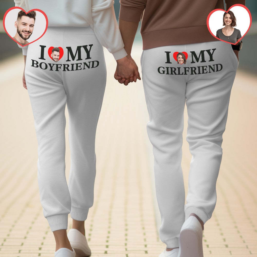 Custom Face Sweatpants Personalized I Love My Boyfriend/Girlfriend Printed Fleece Sweatpants Valentine's Day Gift for Couple - MyFaceSocksAu