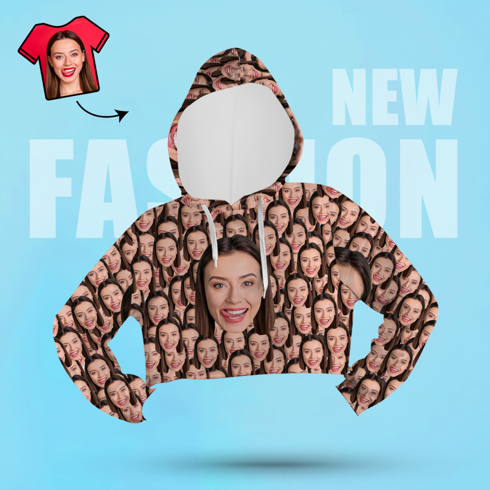 Custom Face Women's Cropped Hoodie Casual Printed Photo Pullover - Big Face - MyFaceSocksAu