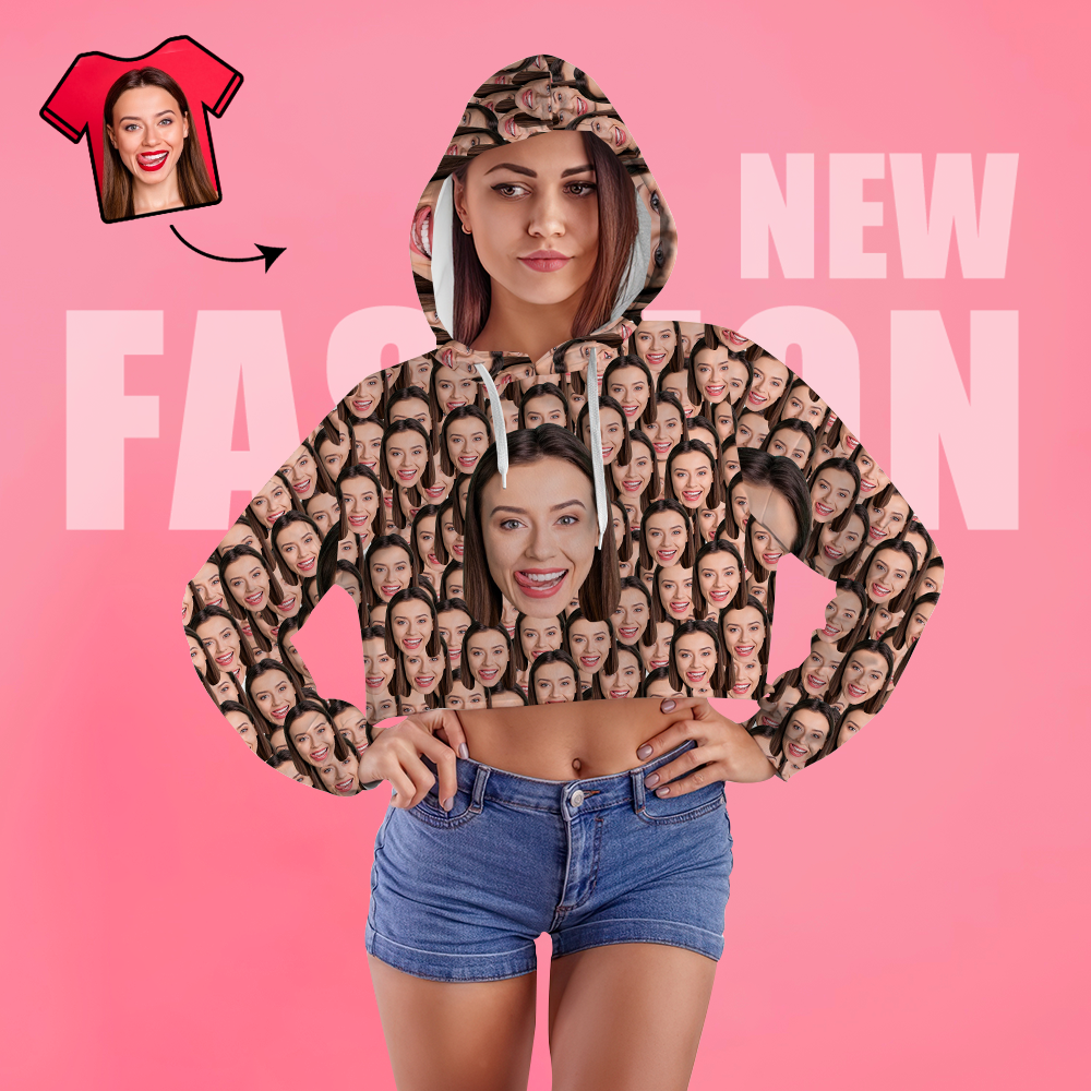 Custom Face Women's Cropped Hoodie Casual Printed Photo Pullover - Big Face - MyFaceSocksAu