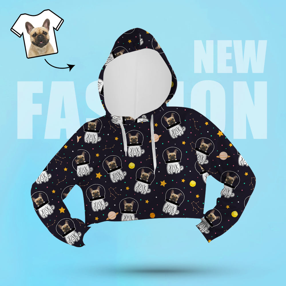 Custom Face Women's Cropped Hoodie Casual Printed Photo Black Pullover - Space Dog - MyFaceSocksAu