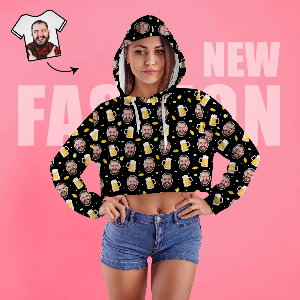 Custom Face Women's Cropped Hoodie Casual Printed Photo Black Pullover - Beer - MyFaceSocksAu