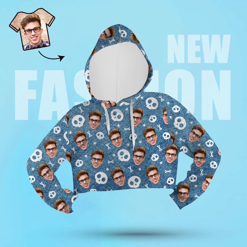 Custom Face Women's Cropped Hoodie Casual Printed Photo Blue Pullover - Skull - MyFaceSocksAu