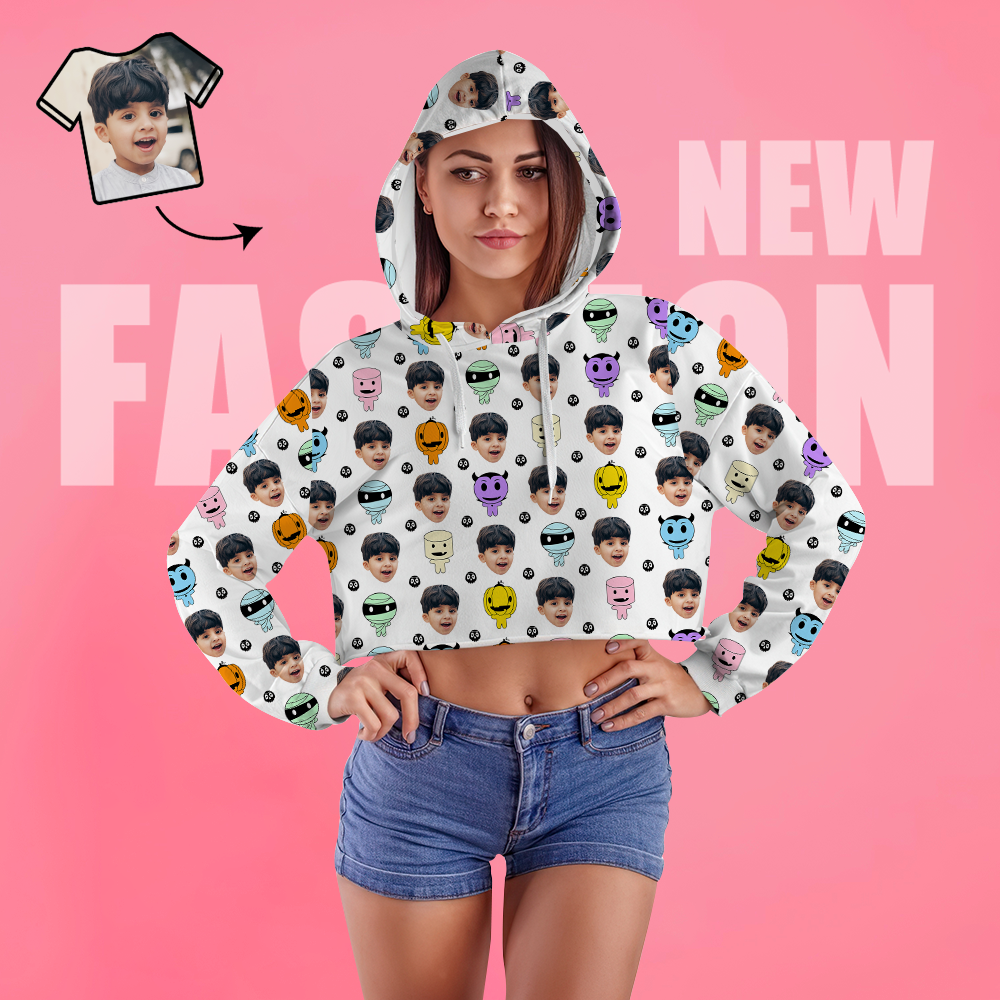 Custom Face Women's Cropped Hoodie Casual Printed Photo White Pullover - Pumpkin - MyFaceSocksAu