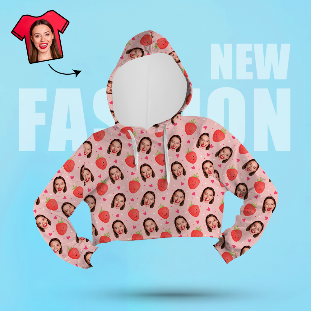 Custom Face Women's Cropped Hoodie Casual Printed Photo White Pullover - Strawberry - MyFaceSocksAu