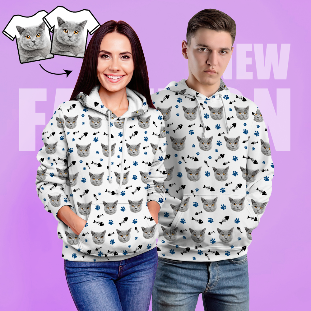 Custom Face Unisex Hoodie Casual Printed Photo White Hoodie For Men Women - Kitten Cat - MyFaceSocksAu