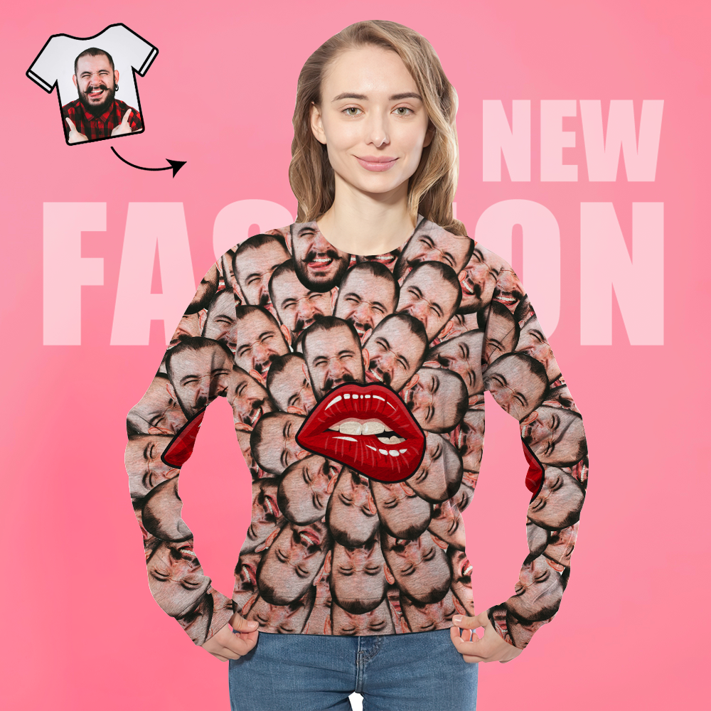 Custom Face Unisex Sweatshirt Casual Printed Photo Long Sleeve Shirt For Men Women - Lips - MyFaceSocksAu